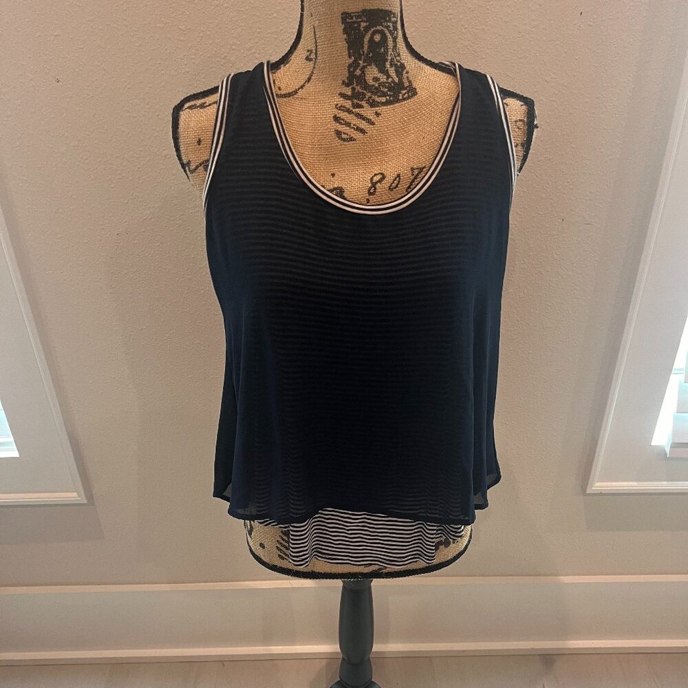 White and Navy Stripped Tank with sheer Navy Overlay - Bobeau